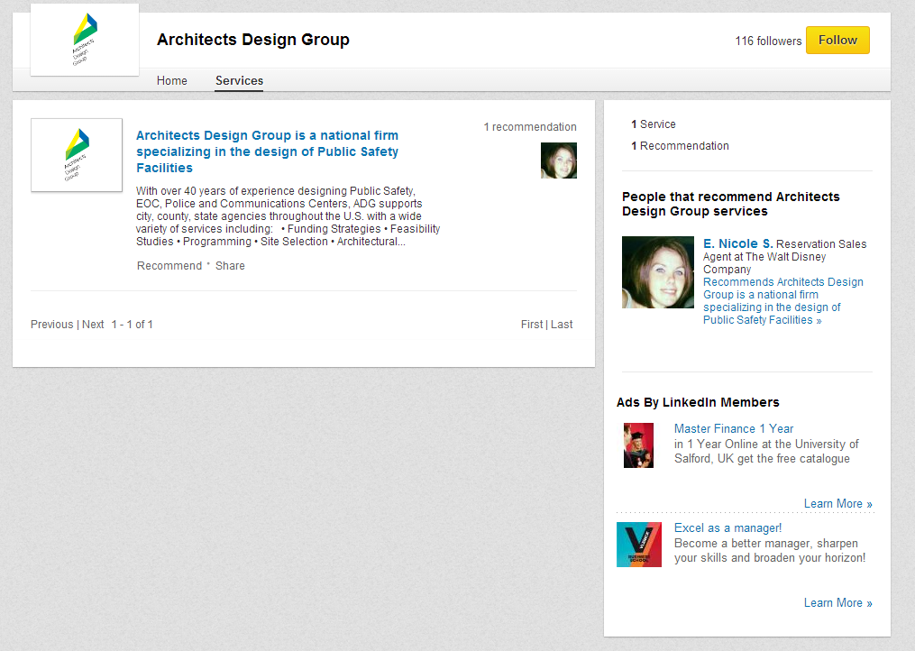 Screenshot: LinkedIn Services Tab of Architects Design Group 1